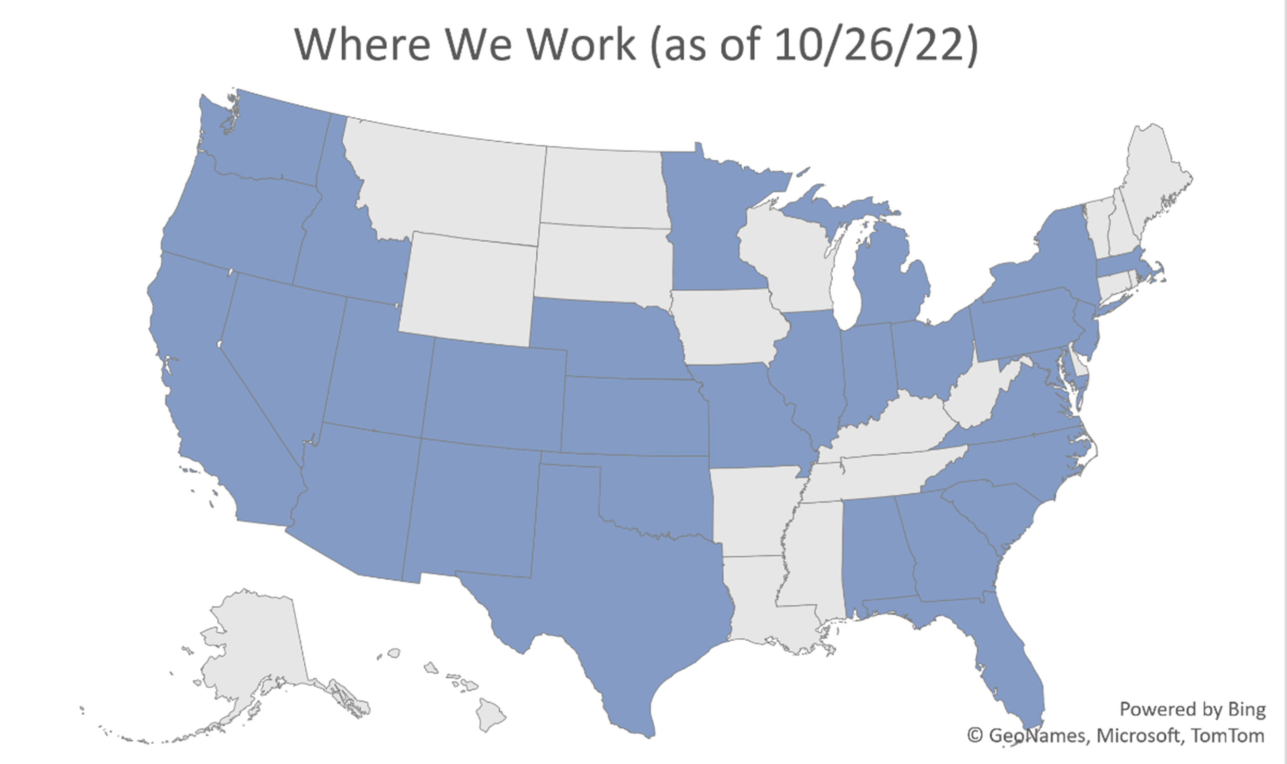 United States map with 31 highlighted states